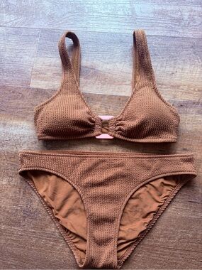 aerie Chocolate Brown Bikini Set with Pink Accent
